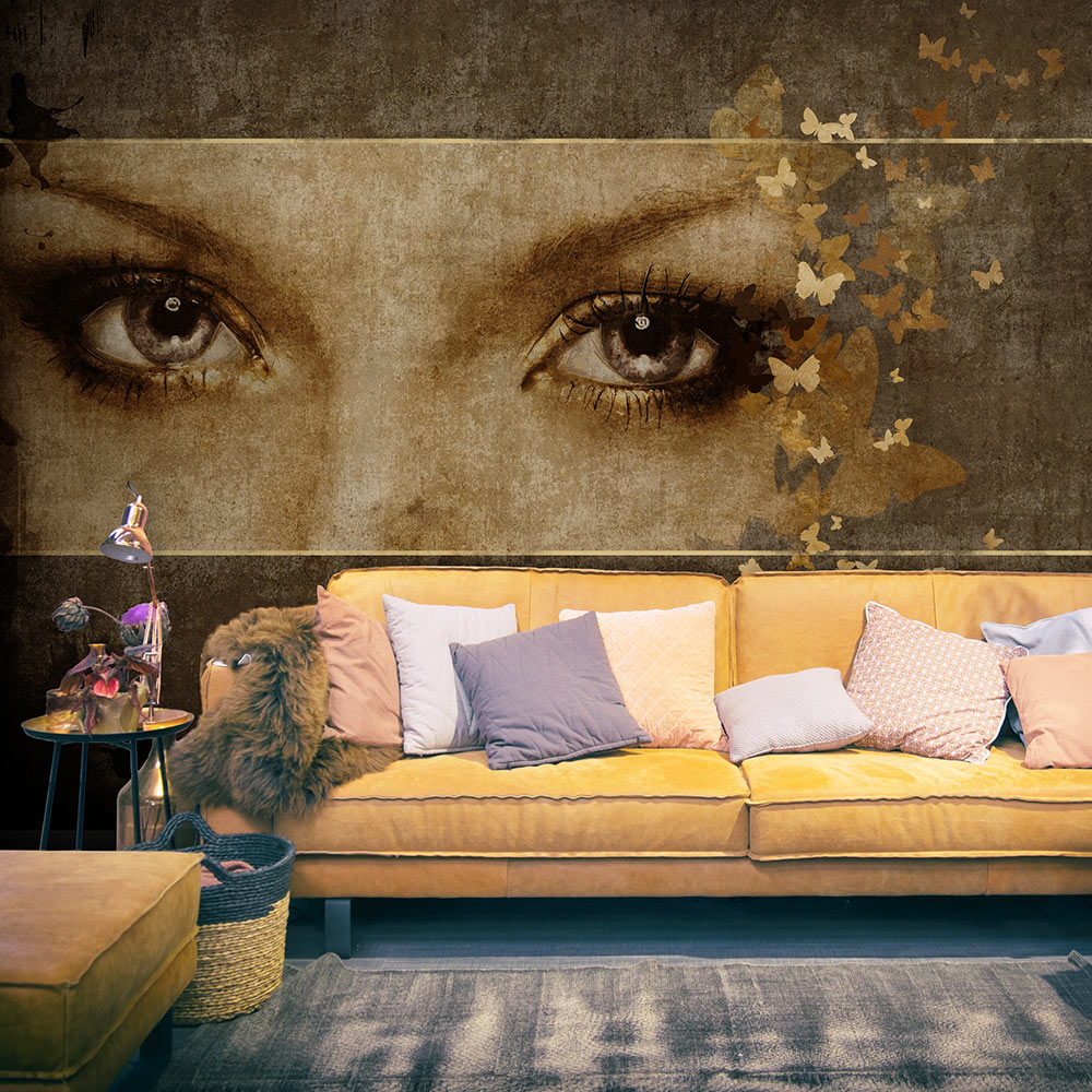 Brun Artgeist Fototapet Med Kvindeøjne Sommerfugle Flere Størrelser 350x270 - Artgeist Tapet  - 5903143849756