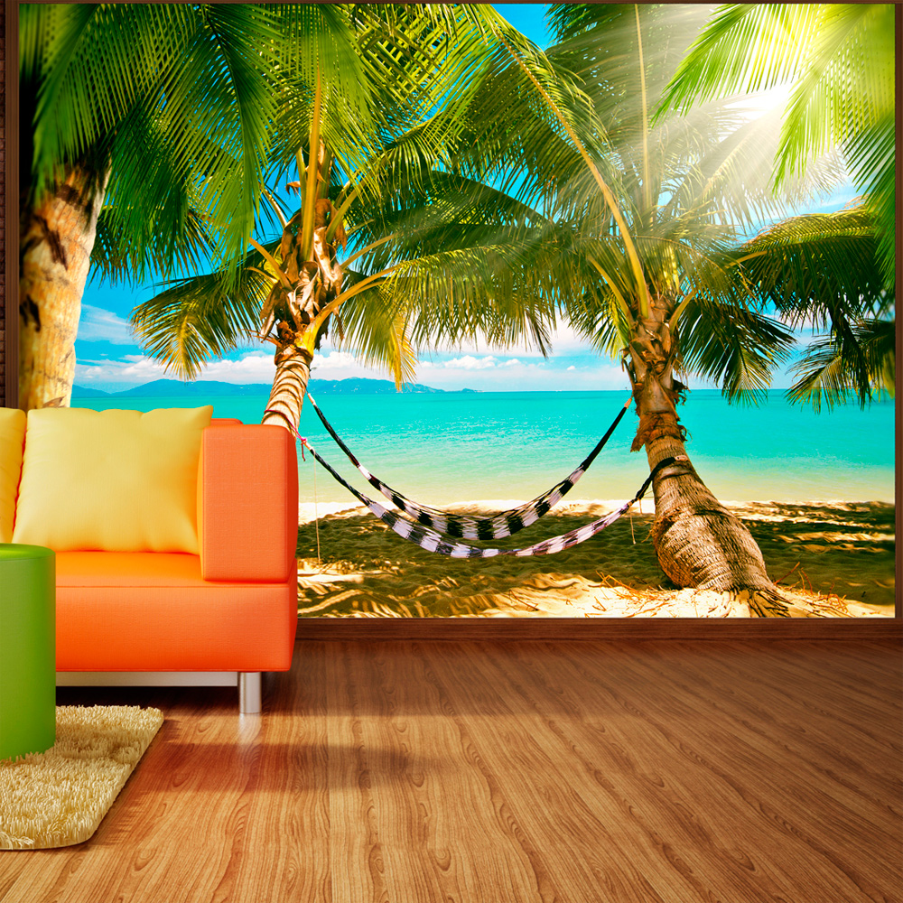Beige Artgeist Fototapet Med Motiv Hængekøjer Solstråle Under Palmetræer Strand Flere Størrelser 250x175 - Artgeist Tapet  - 5903143861383