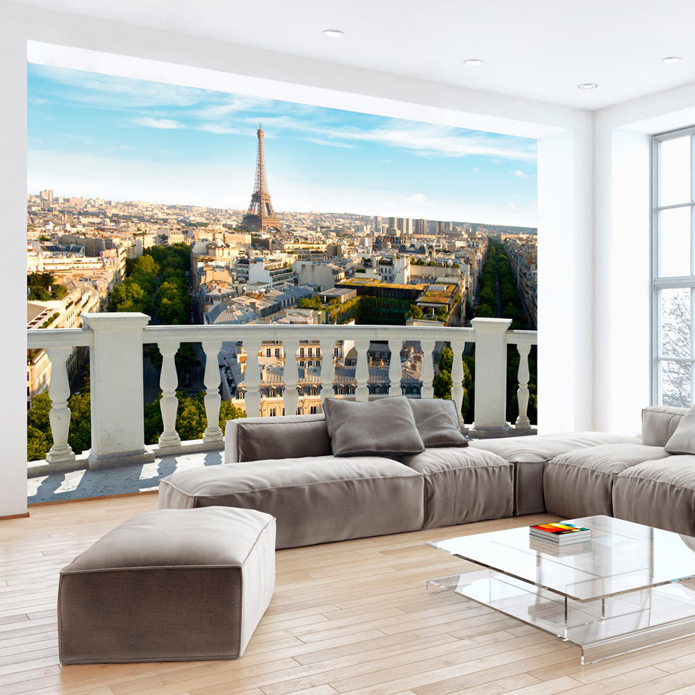 Beige Artgeist Fototapet Med Motiv Altan Med Udsigt Over Paris Eiffeltårnet Flere Størrelser 150x105 - Artgeist Tapet  - 5903143865756