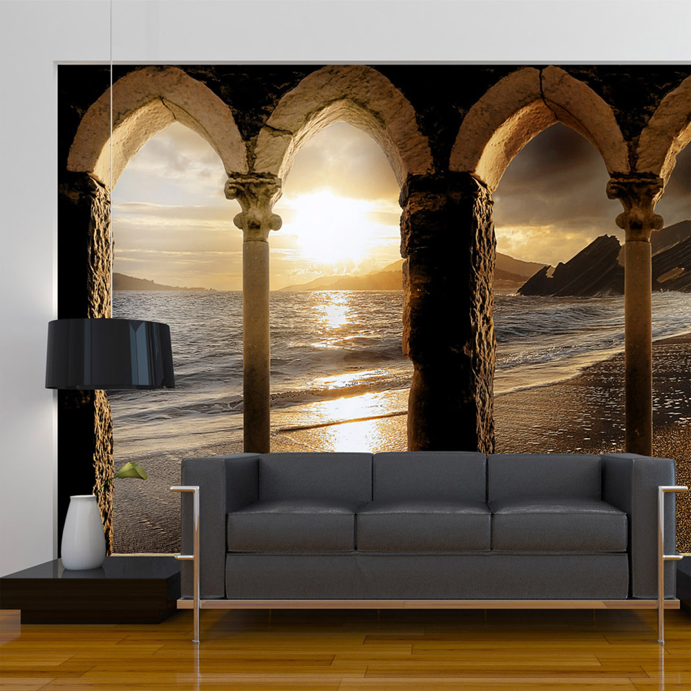 Beige Artgeist Fototapet Med Motiv Arkitektur Udsigt Til Solnedgang Ved Stranden Flere Størrelser 400x280 - Artgeist Tapet  - 5903143864759