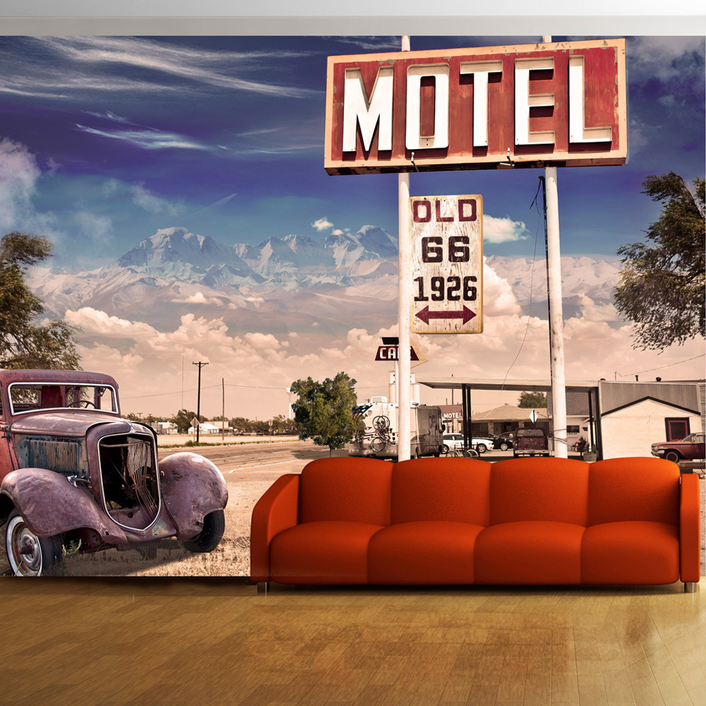 Multifarvet Artgeist Retro Fototapet Med Vintage Amerikansk Motel Skilt Ved Route Flere Størrelser 150x105 - Artgeist Tapet  - 5903143867729