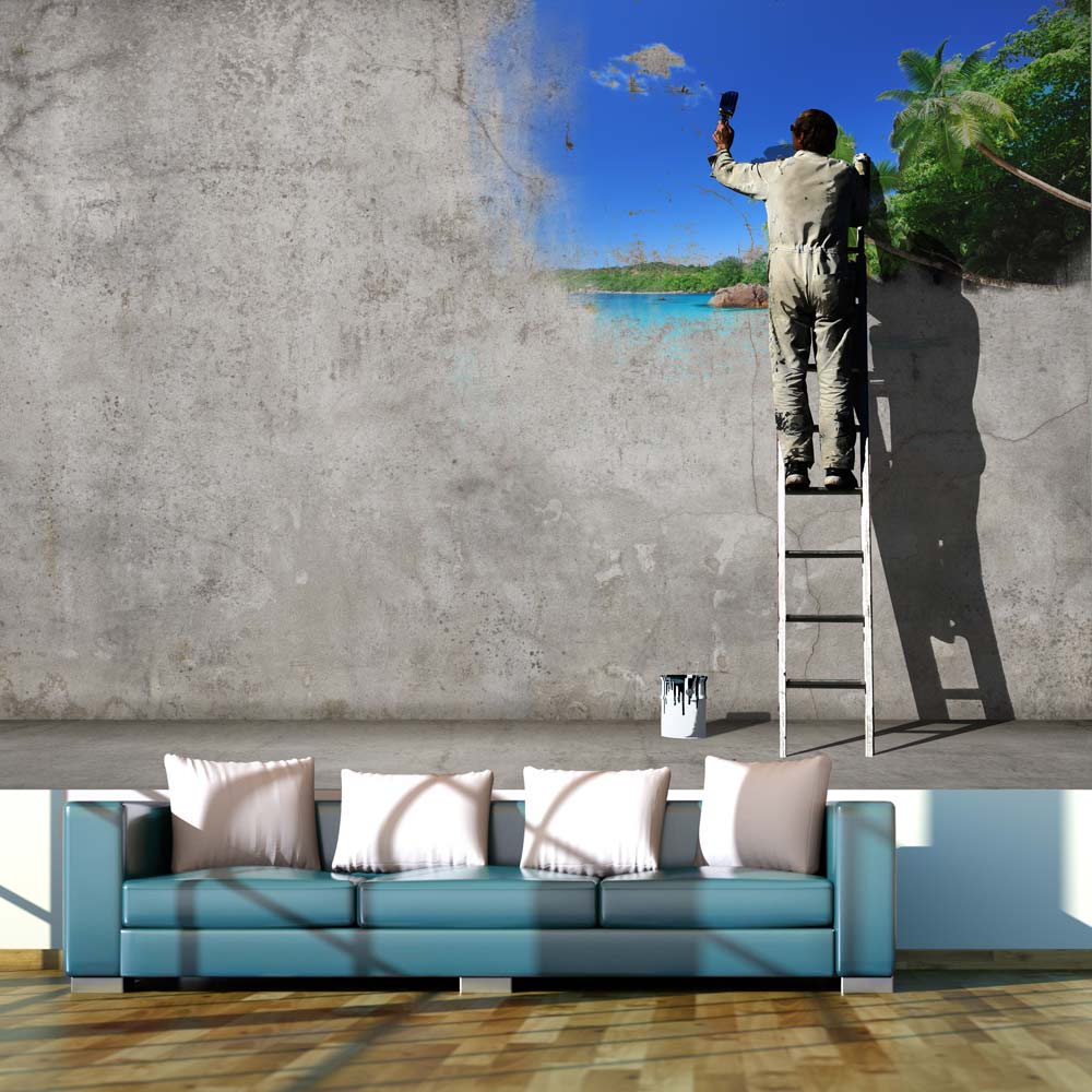 Beige Artgeist Fototapet Med Motiv Tropisk Vægmaleri Mand Stige Flere Størrelser 350x245 - Artgeist Tapet  - 5903143868115