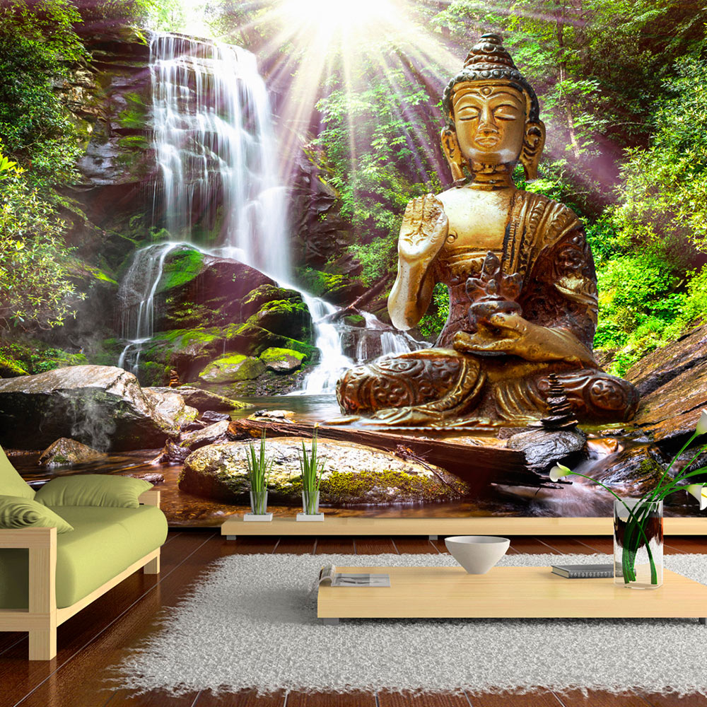 Artgeist Fototapet Forest Prayer Buddha Ved Vandfald Flere Størrelser 150x105 - Artgeist Tapet  - 5903143991264